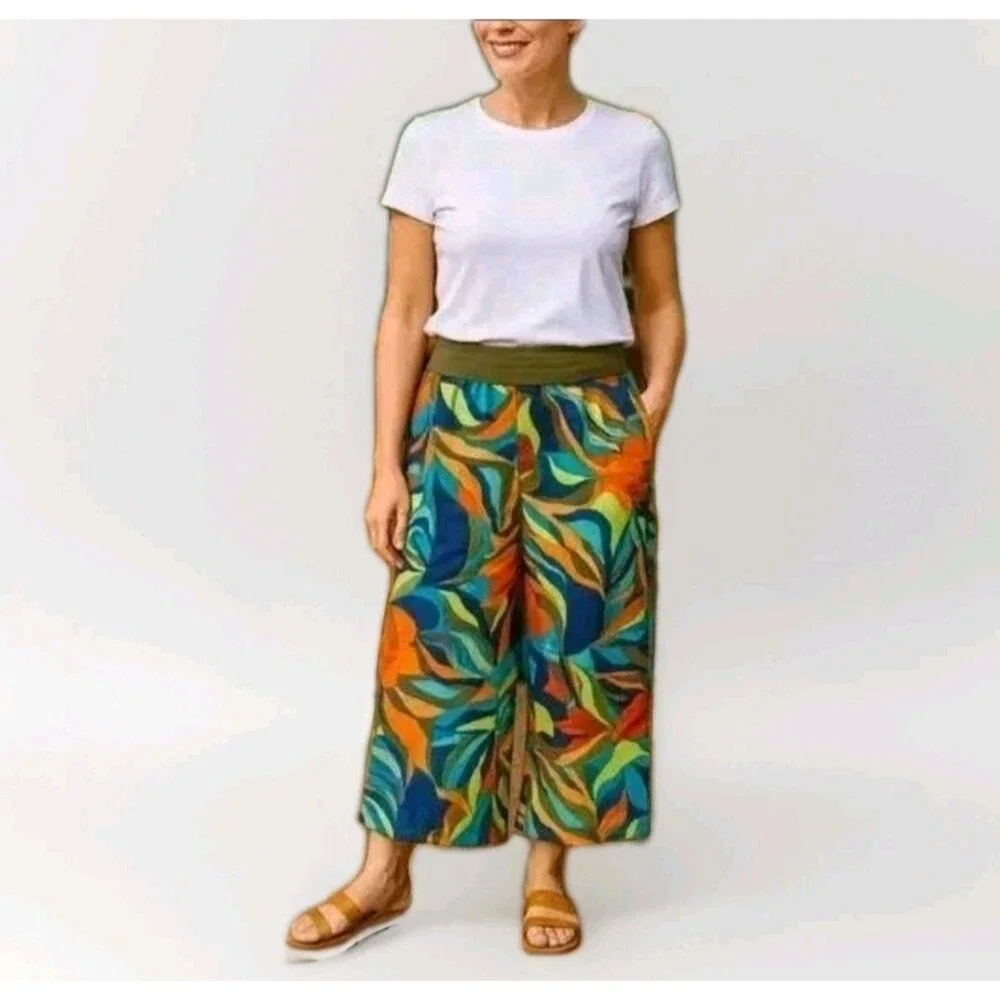 Soft Surroundings Aliso Point Tropical Linen Pants Hawaiian Green Wide Leg Sz L